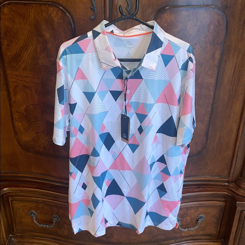 NWT Mens Large Obla Golf Polo Shirt White, Blues and Pinks